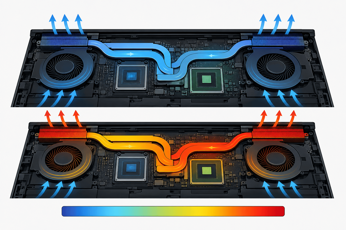 Thermal pathway diagram illustrating how cooling impacts performance in gaming laptops.