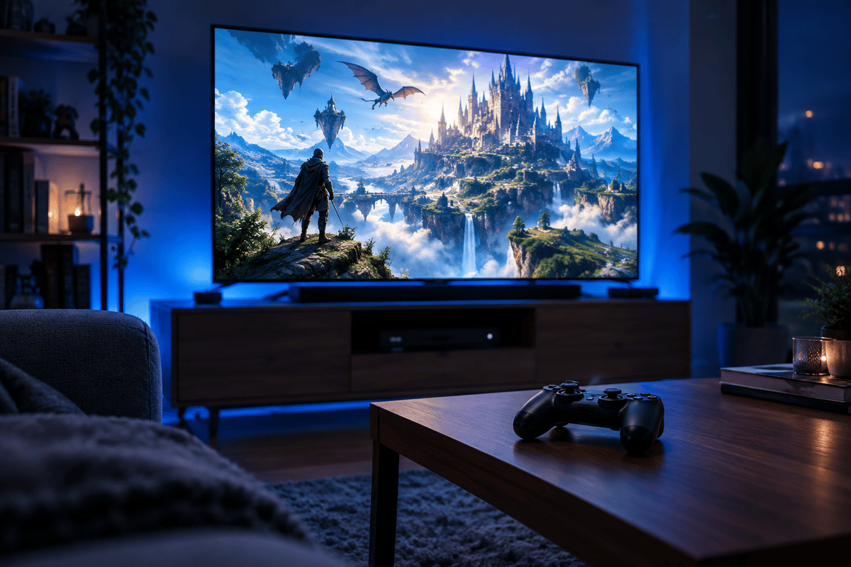 A living room setup running a full-screen game library mode with controller input.