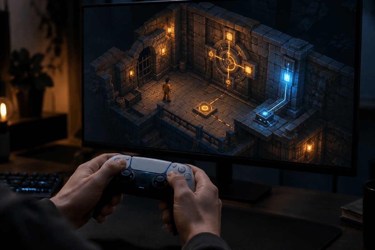 Playing a 3D puzzle and escape-room style game.