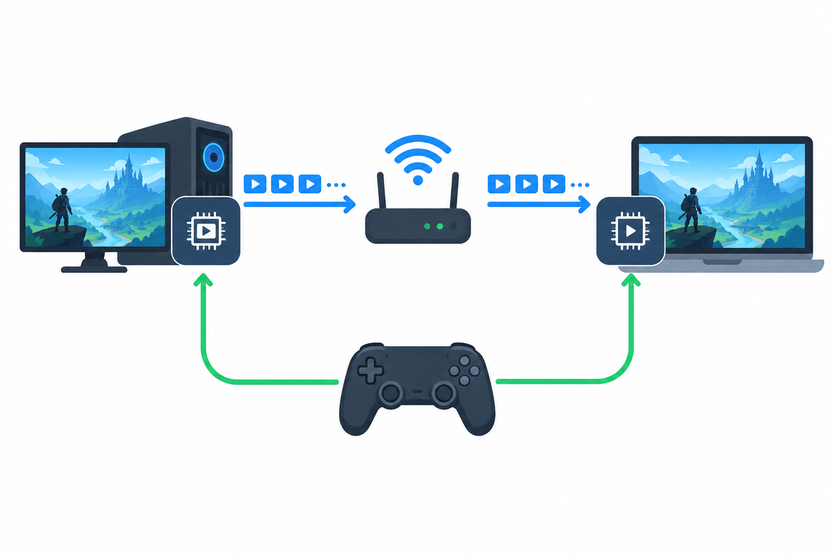 How a remote play session moves compressed video and controller input between devices.