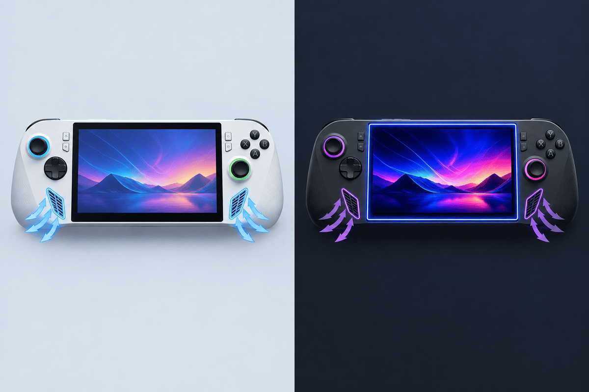 Comparison of the two handhelds highlighting display and cooling differences.