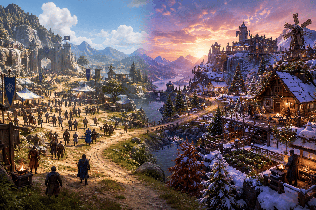 Before/after day 14 comparison highlighting how sandbox worlds evolve and keep players engaged.