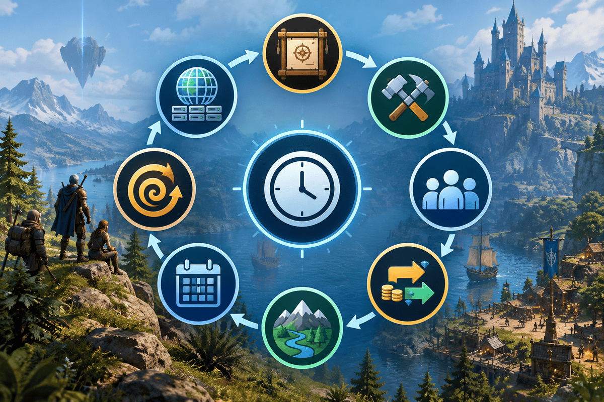 Icon-based retention checklist loop showing design pillars that support retention after day 14.