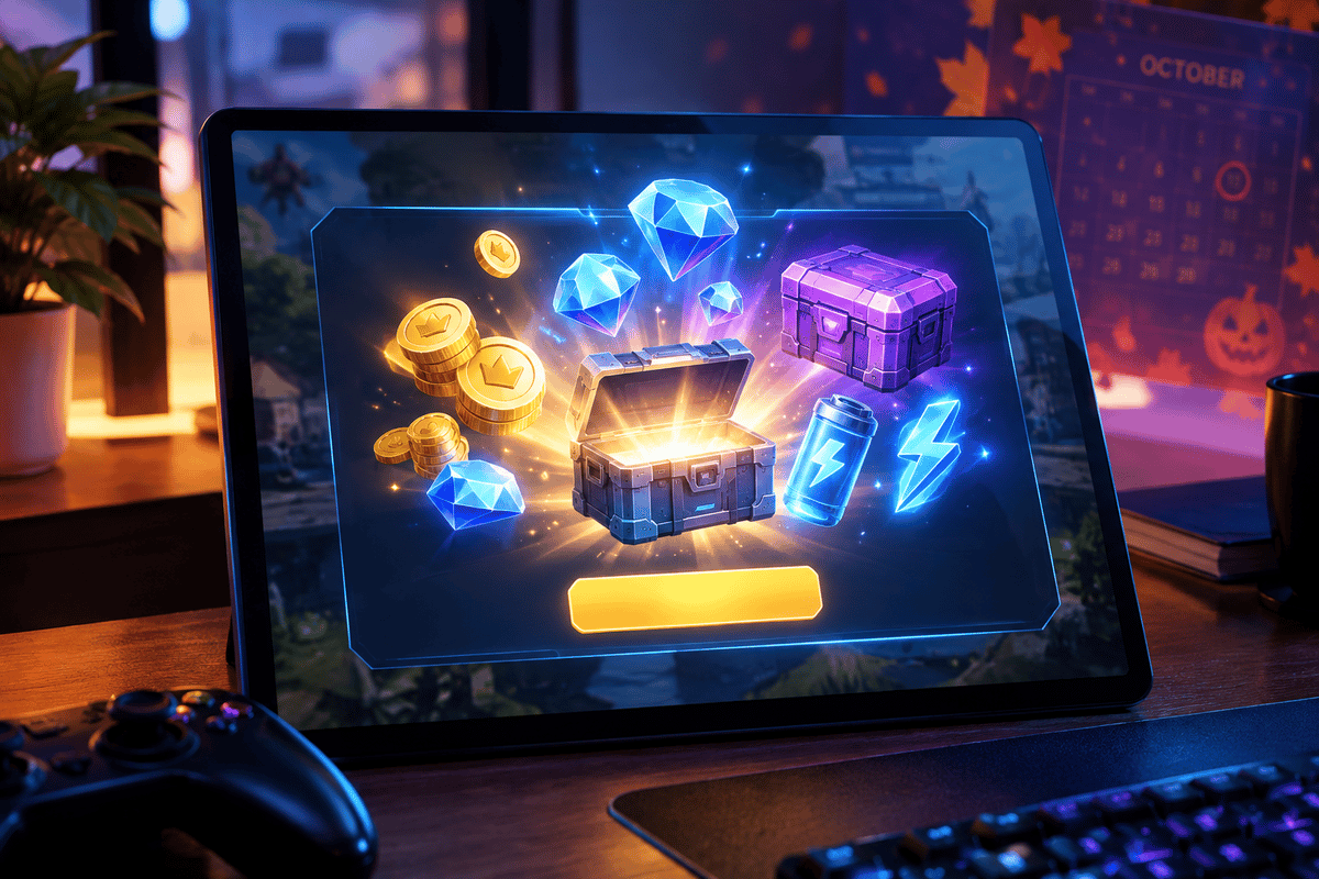 Reward reveal scene with generic in-game items and October mood.