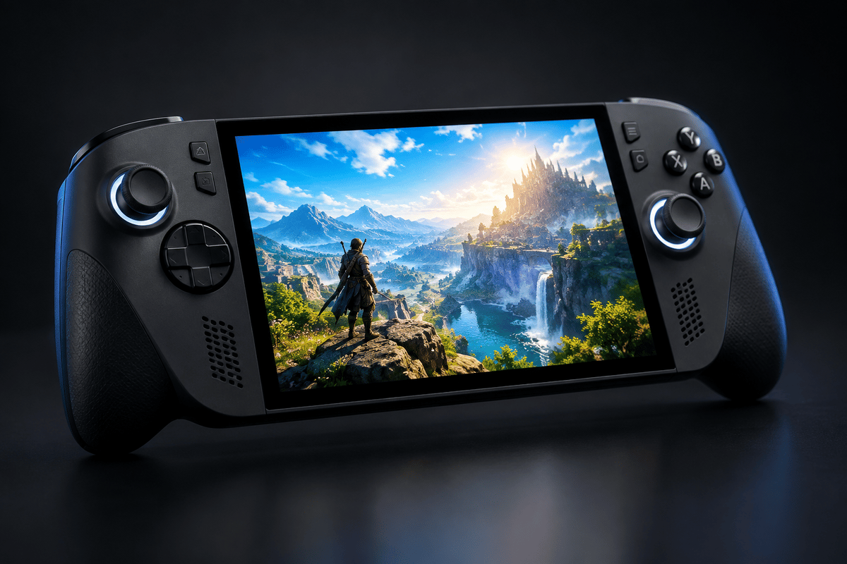 The OLED-equipped handheld gaming device in a studio setting.