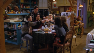 The gang gather for the first Friends Thanksgiving episode