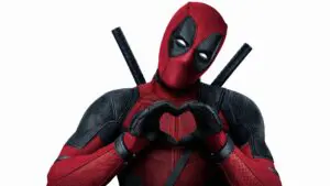 Deadpool making a heart with his hands at you through the fourth wall.