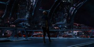 Nick Fury in a spaceship. This is a post credit scene in Spider-Man: Far From Home.