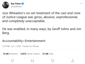 Ray Fisher tweet on Joss Whedon abuse