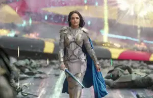 Tessa Thompson as female superhero Valkyrie in Thor: Ragnarok.