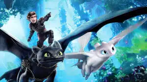 Hiccup riding Toothless alongside a Lightfury in How to Train Your Dragon 3.